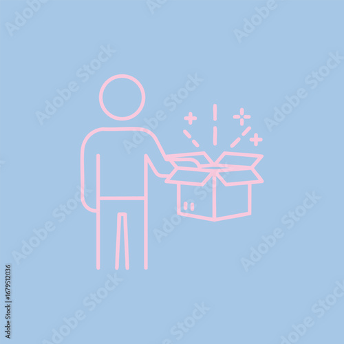 Person opening a box with sparkling contents, set against a light blue background, symbolizing excitement and discovery
