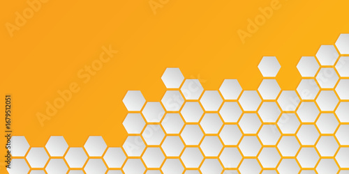 Geometric honeycomb background shapes. White gradient on orange backdrop. Hexagonal seamed pattern. Business and food