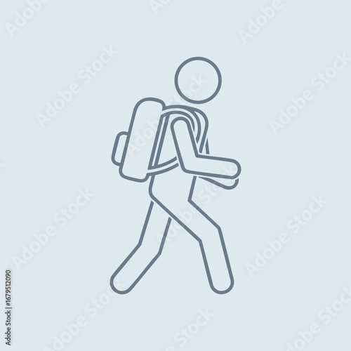 A minimalist illustration of a person hiking with a backpack, set against a soft blue background, symbolizing adventure