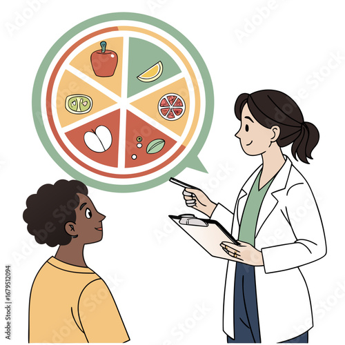 Dietitian explains healthy eating plan to patient using a food group diagram with fruits and vegetables