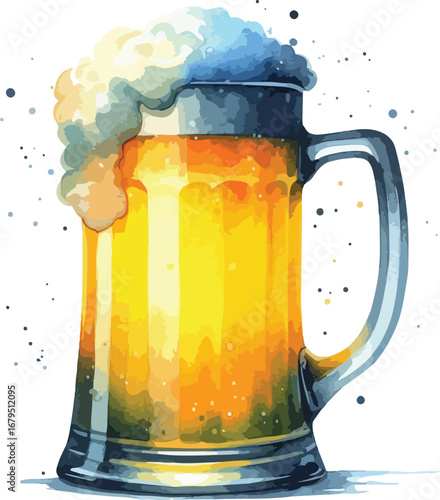 Refreshing Watercolor Beer Mug with Overflowing Foam a Celebration of Taste and Visual Delight Perfect for Happy Hour and Festive Occasions