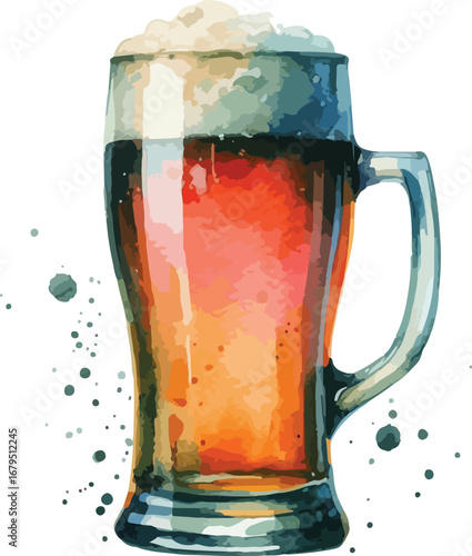 Refreshing watercolor illustration of a full beer mug showcasing its golden hue and creamy white foam ideal for showcasing craft breweries