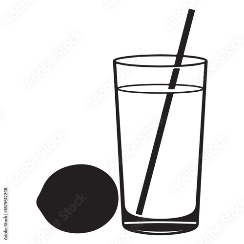 Black Silhouette of a Tall Glass of Water with a Straw and a Lemon drink beverage