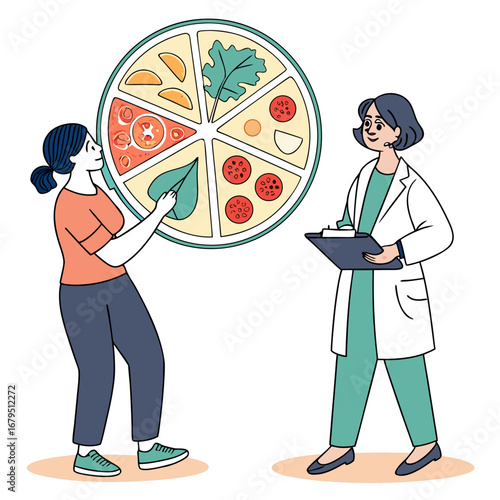 Doctor discusses healthy eating choices with a patient using a colorful food group wheel chart