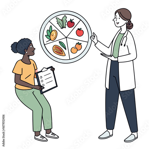 Doctor explains healthy eating choices to patient using a food group diagram and clipboard
