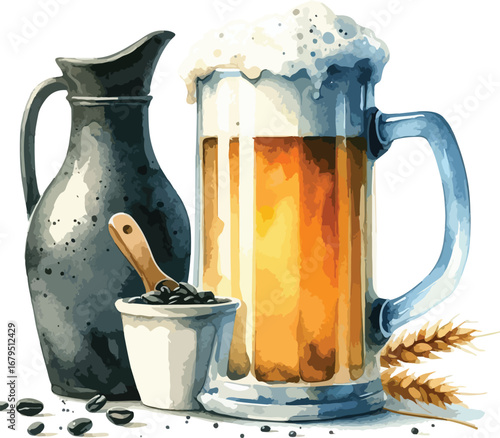 Rustic Beer and Coffee Still Life Art with Elegant Pitcher and Golden Brew in a Frosted Mug Illustration