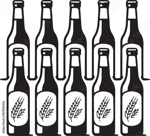 Ten Beer Bottles Pattern on Transparent Background: Brewery Icon and Beverage Design