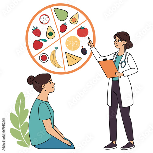 Doctor explains healthy eating plan with food groups chart to patient sitting attentively