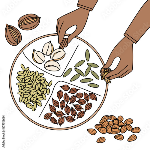 Hands picking nuts and seeds from a divided platter a healthy snack assortment
