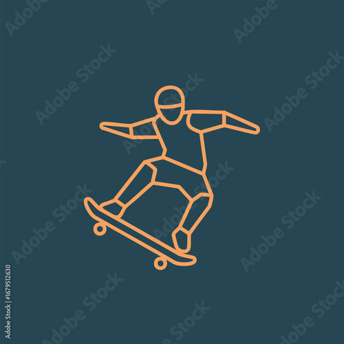 A dynamic skateboarder performing a trick mid-air against a dark blue background, showcasing skill and energy