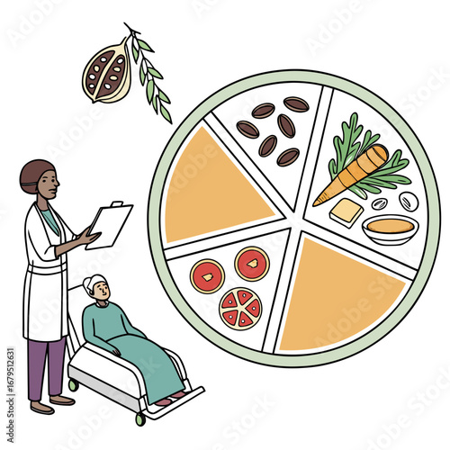 Healthcare professional discusses healthy eating with elderly patient using a food group plate illustration