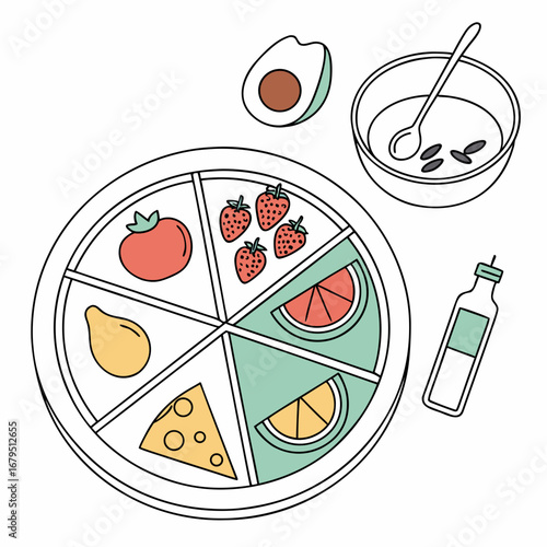 Healthy balanced meal plate with fruits vegetables cheese egg and oil bottle for nutrition