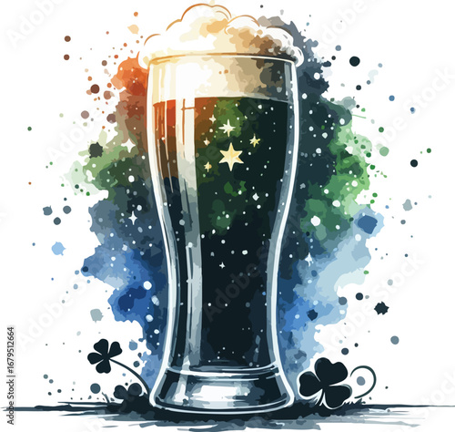 St Patricks Day Dark Beer Illustration with Shamrocks and Stars Watercolor Style Celebration
