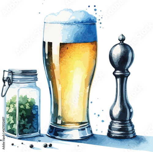 Still Life Watercolor Illustration of Craft Beer Glass with Froth and Spice Jar Featuring Culinary Elements
