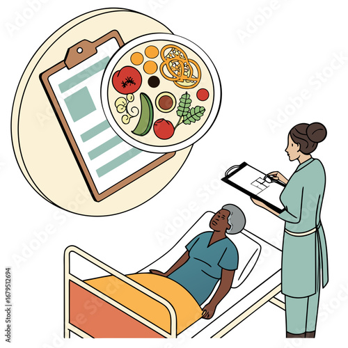 Nurse discusses healthy meal plan with elderly patient lying in hospital bed reviewing medical chart