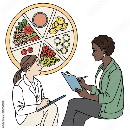 Nutritionist consulting with a patient about a balanced diet plate with various food groups