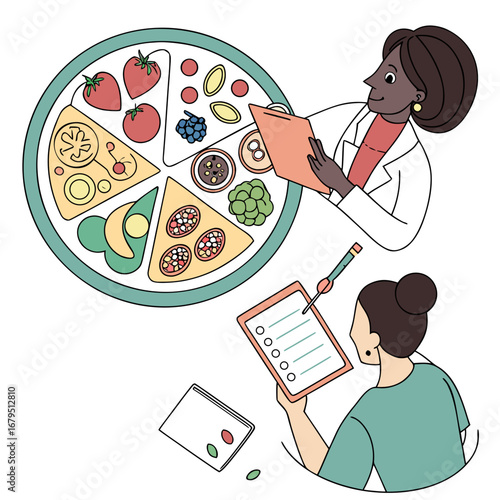 Nutritionist consulting with a patient about a healthy food plate divided into sections of fruits and vegetables