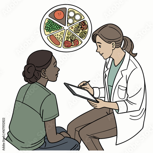 Nutritionist consulting with a patient about healthy eating choices and a balanced diet plate