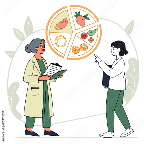 Nutritionist consulting with patient about healthy food portions displayed in a pie chart