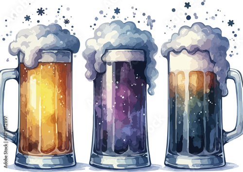 Three colorful beer mugs with overflowing foam and decorative snowflakes a whimsical illustration for beer enthusiasts and festive occasions