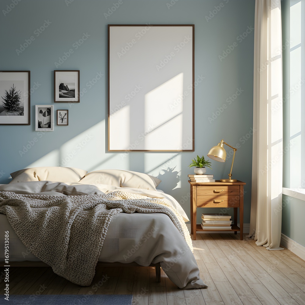 Obraz premium Golden Hour Sunlight Illuminates a Tranquil Bedroom with a Blank Wall Art Mockup.