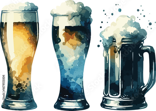 Three different beer glasses illustration with foam and color gradients art style suitable for posters and backgrounds beer related graphics