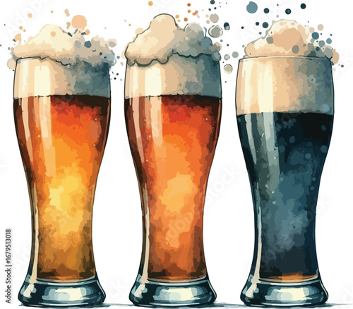 Three Different Beer Types Watercolor Illustration Craft Beers Tasting Variety of Colors and Flavors Refreshing Beverages for Bars and Restaurants