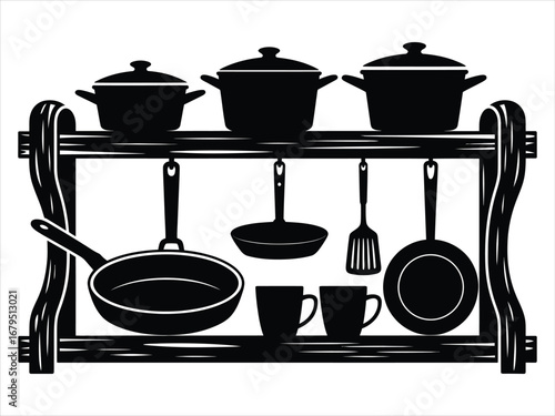 Kitchenware rack with pots pans and cups vector