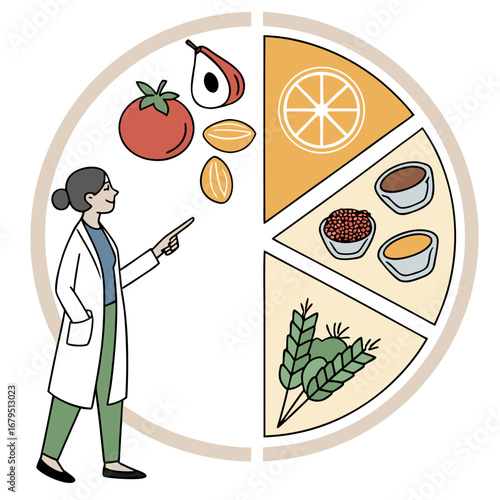 Nutritionist explaining healthy food groups represented in a circular diagram with various fruits vegetables and grains
