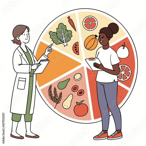 Nutritionist explains healthy eating principles using a colorful food group chart to a patient