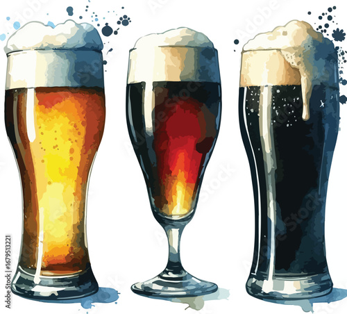 Three Glasses of Beer with Different Colors and Foam Head Illustration Watercolor Style Art