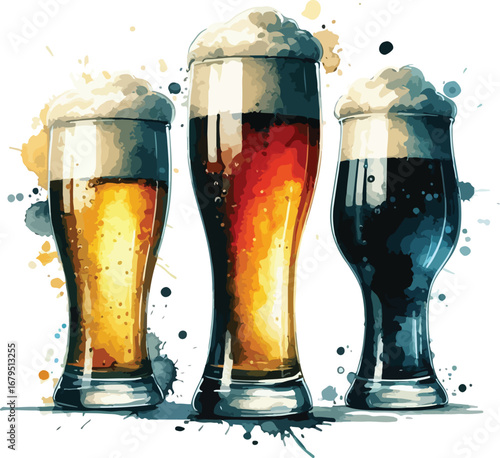 Three Glasses of Beer with Different Colors and Watercolor Effects Perfect for Brewery Advertisement and Craft Beer Tasting