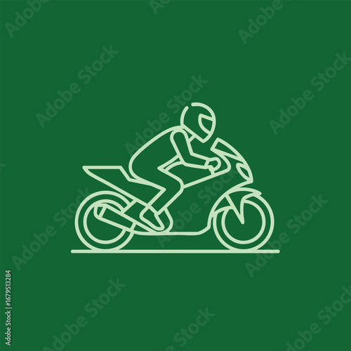 Minimalist illustration of a motorcyclist riding a sport bike on a solid green background, emphasizing speed and style