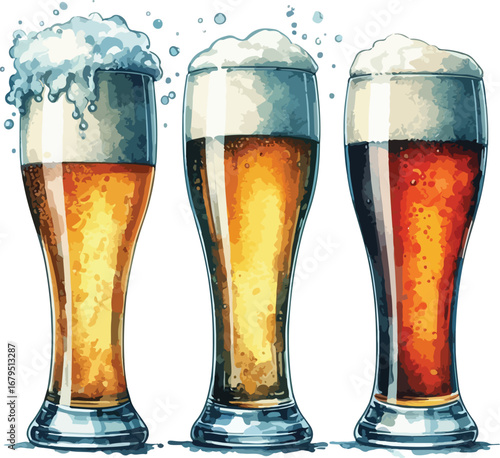 Three Glasses of Beer with Different Colors and Foam Pints of Lager and Ale Styles