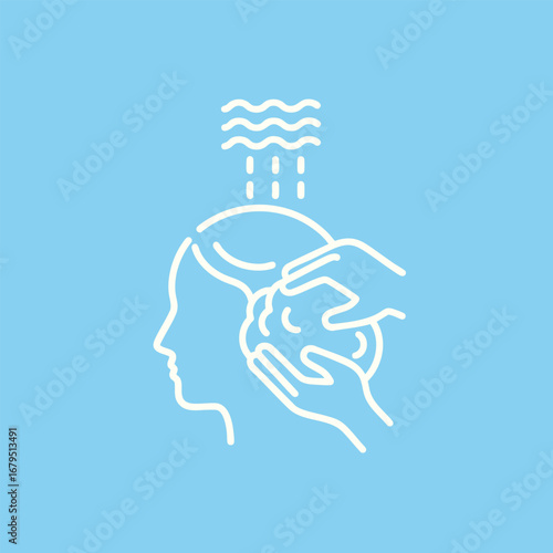 A serene illustration of a person receiving a relaxing head massage, with soothing water droplets in a calm blue background
