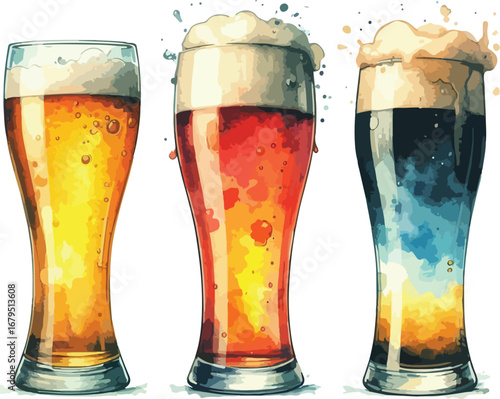 Three Glasses of Different Beers Artistic Watercolor Illustration for Craft Beer Advertising and Brewery Promotions