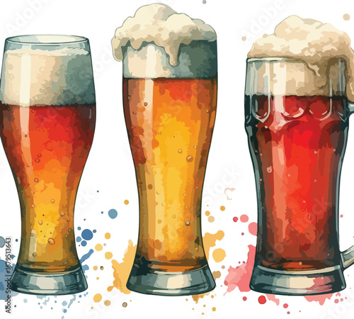 Three Glasses of Different Beer Varieties with Frothy Heads in Watercolor Style