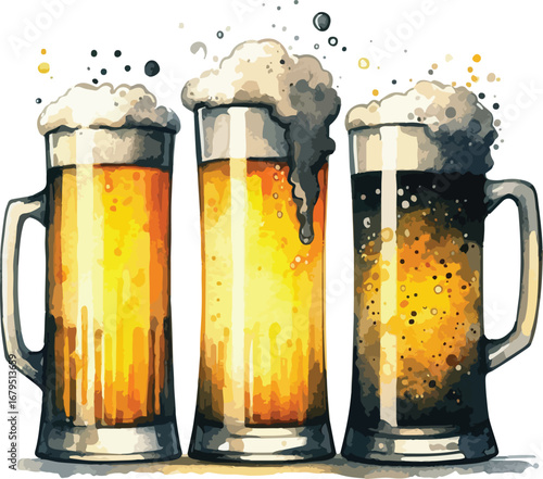 Three Glasses of Different Beers with Foam Watercolor Illustration for Pub and Brewery Advertising Concept Artistic Beer Tasting and Variety Illustration