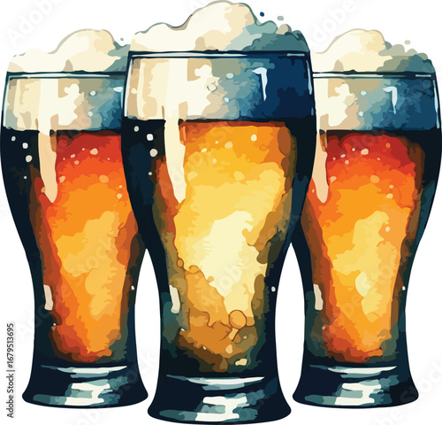 Three Glasses of Golden Ale with Foamy Heads A Refreshing Watercolor Illustration Perfect for Craft Beer Enthusiasts and Celebratory Occasions
