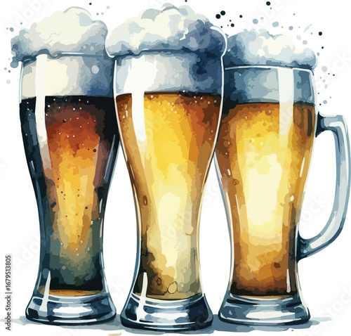 Three Glasses of Refreshing Beer with Foamy Heads Digital Watercolor Illustration on White Background Festive Cheers