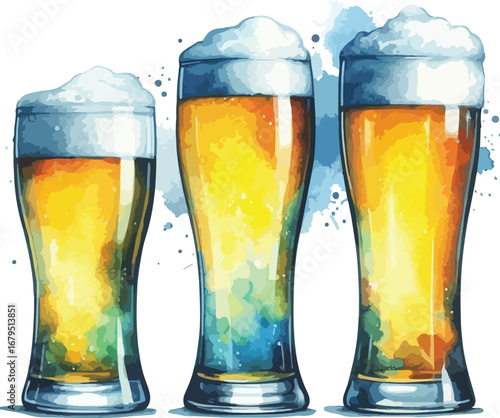 Three Glasses of Refreshing Beer with Foamy Heads Watercolor Style Illustration for Beverage Advertising and Celebration Concepts