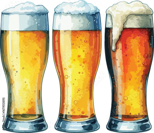 Three glasses of refreshing beer with frothy foam watercolor style illustration perfect for posters and brewery advertising