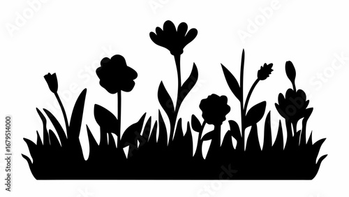 Silhouette of a garden bed filled with various flowers and tall grass in a monochrome black and white view | editable eps vectors
