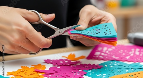 Delicate Papel Picado Creation: Crafting Colorful Paper Art, A Close-Up View of Skilled Hands Cutting Intricate Papel Picado Designs