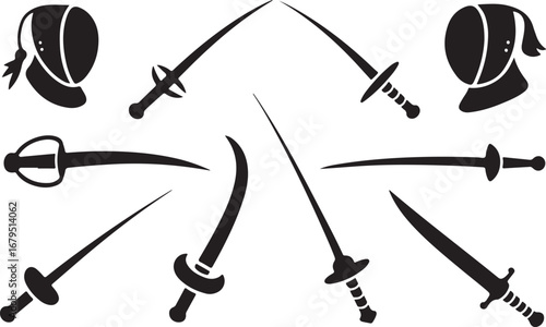 Fencing Equipment Collection Swords and Helmets Set for Sporty Combat and Training