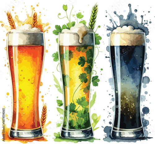 Three Watercolor Beer Glasses with Wheat and Hops Displaying Variety of Ale and Lager Brew Styles for Advertising