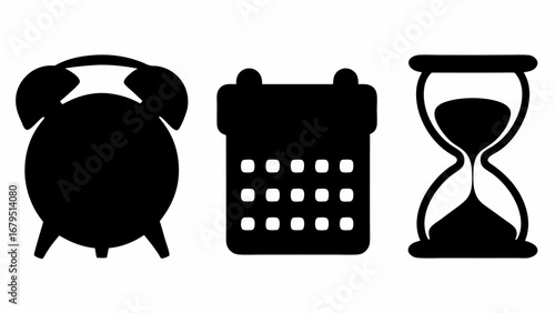 Alarm clock calendar and hourglass representing time management and scheduling efficiency icon set | editable eps vectors silhouette