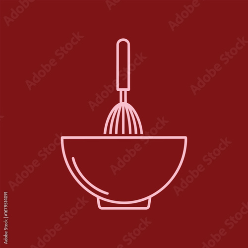 A minimalist illustration of a whisk in a bowl on a deep red background, perfect for culinary-themed designs