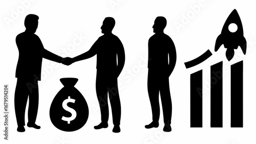 Silhouetted figures shaking hands beside a money bag and a rising graph with a rocket launch icon | editable eps vectors