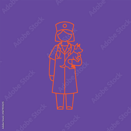Veterinarian in scrubs holding a dog, set against a vibrant purple background, representing animal care and compassion